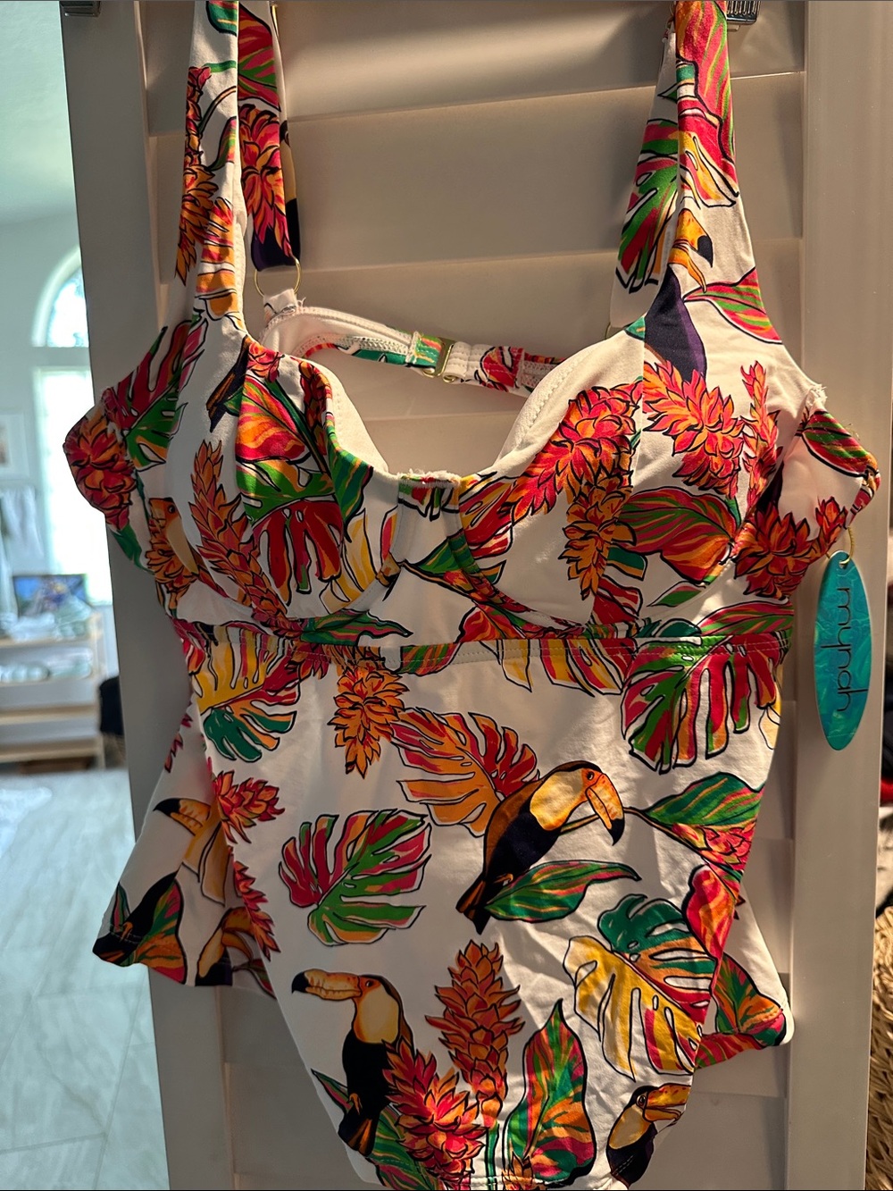 Tropical Toucan Print Bikini Top - White with Multicolor Tropical Print